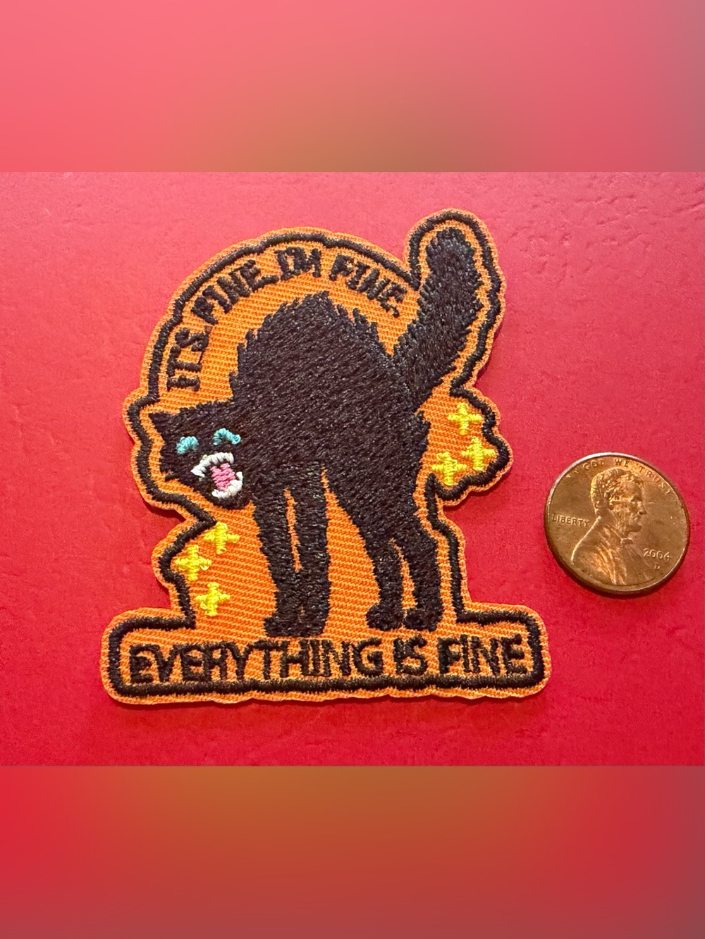 Everything Is Fine Black Cat Embroidered Patch - Orange